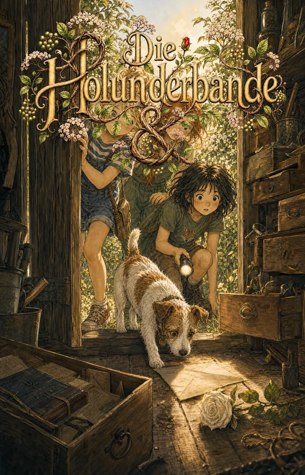 Cover von Band 1: Die drei Mädchen und Ylvi schauen in ein altes Gartenhaus